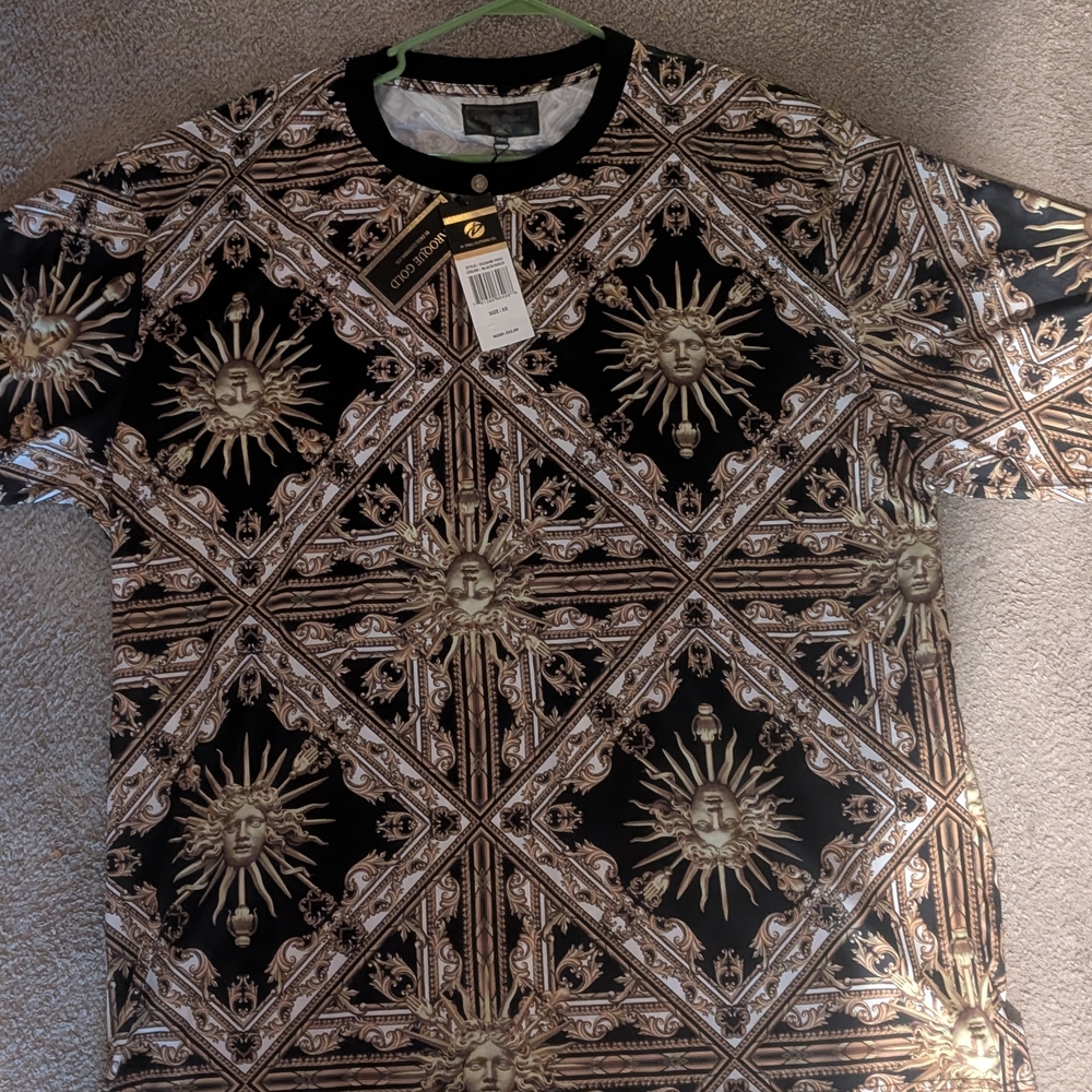 Versace Black and Gold Short Sleeve Tee with Ornate Design